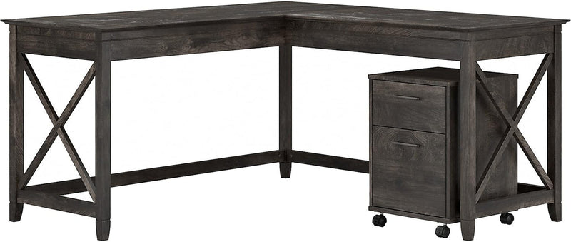 Bush Furniture Key West 60W L Shaped Desk with 2 Drawer Mobile File Cabinet in Cape Cod Gray