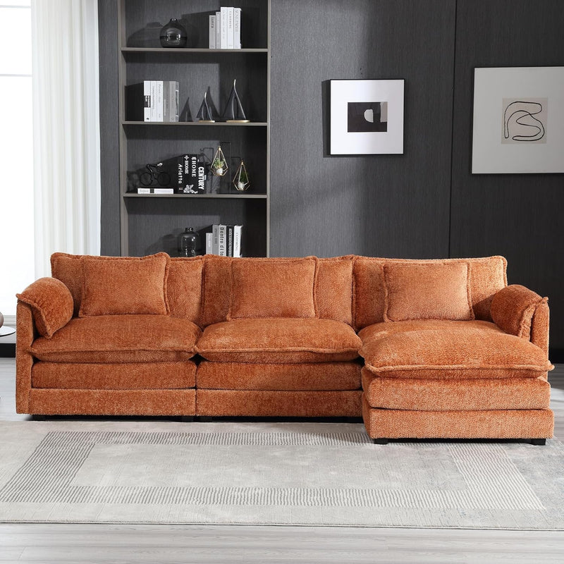 112.2" L Shaped Couch, Modern Modular Sectional Sofa with Movable Ottoman, Boucle Upholstered Cloud Couches for Living Room, Orange