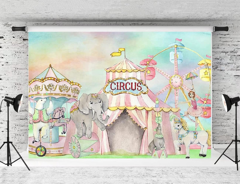 8X6Ft Circus Photo Studio Booth Background Pink and White Stripes Animals Circus Carnival Kids Happy Birthday Party Decorations Carousel Barn Circus Backdrop for Photography