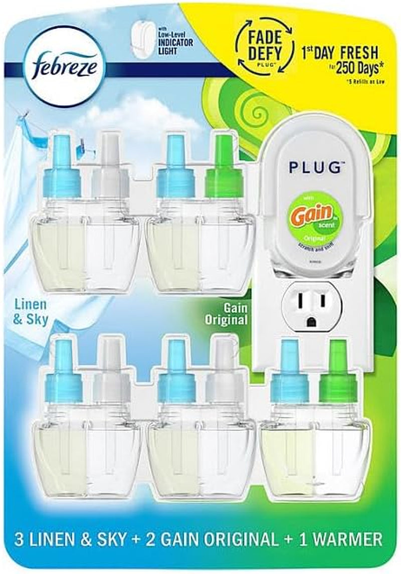 Febreze Plug in Air Fresheners for Home, Air Freshener Plug In, Gain Scent, Odor Fighter for Strong Odors, 1 Warmer + 2 Oil Refills