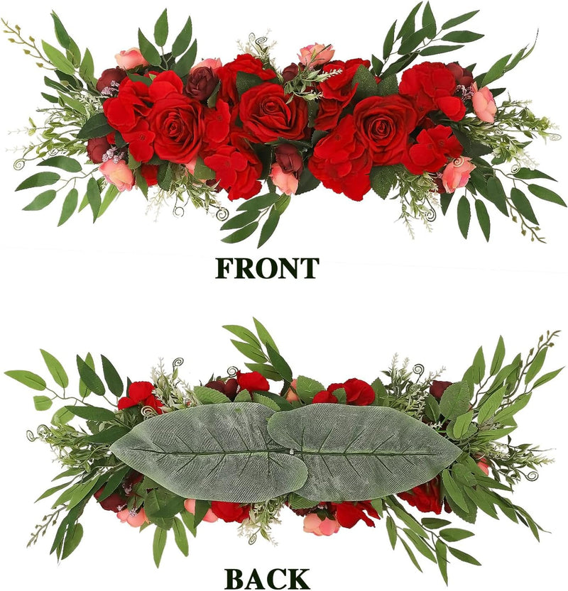 Artificial Peony Red Roses Flowers Swag, 25.6Inch Faux Flower Arch Garland Simulation Door Lintel, Fake Green Leaves and Silk Flowers Wreath for Home Garden Wedding Arch Front Door Wall Decor