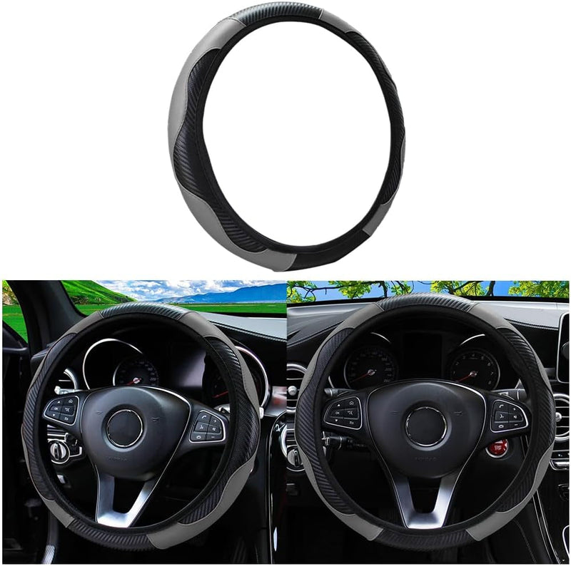 Car Steering Wheel Cover, Microfiber PU Leather Elastic Carbon Fiber Auto Steering Wheel Protector, 15 Inch Breathable Anti-Slip for Women Men, Car Interior Accessories for Most Cars (Black/Red)