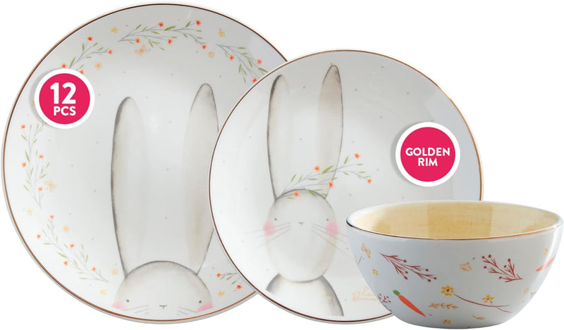 Corona Dinnerware Set 12– Piece, Plates and Bowls Set, Ceramic Sets for 4, Microwave and Dishwasher Safe, Blossom Bunny - Springtime Collection