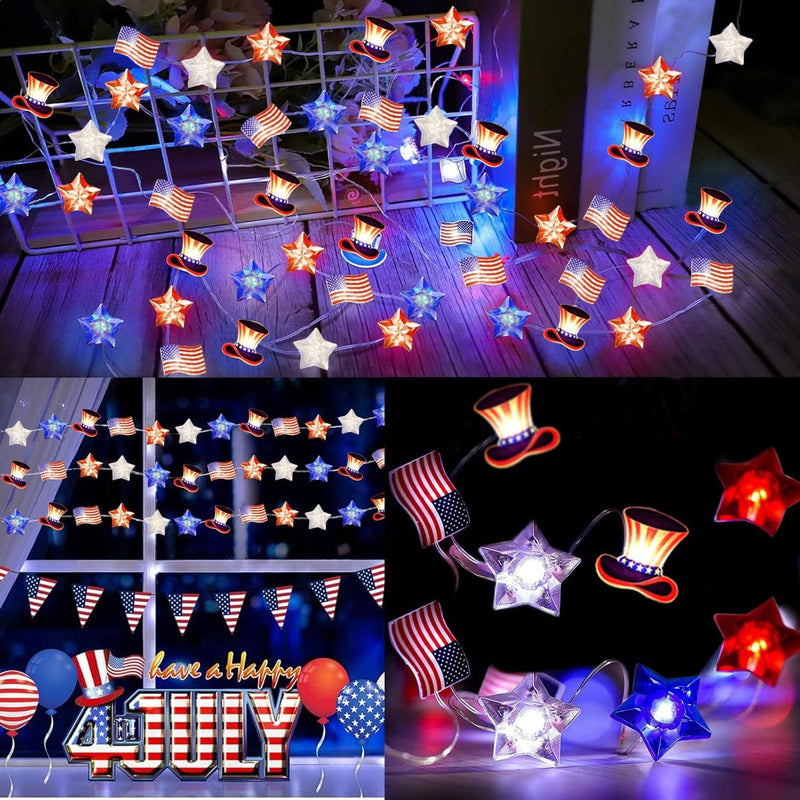 American Flag Lights 4Th of July Decorations Red White and Blue Star String Lights, Battery Operated 50 LED July 4Th Patriotic Lights for Independence Day Memorial Day Fourth of July Decor for Home