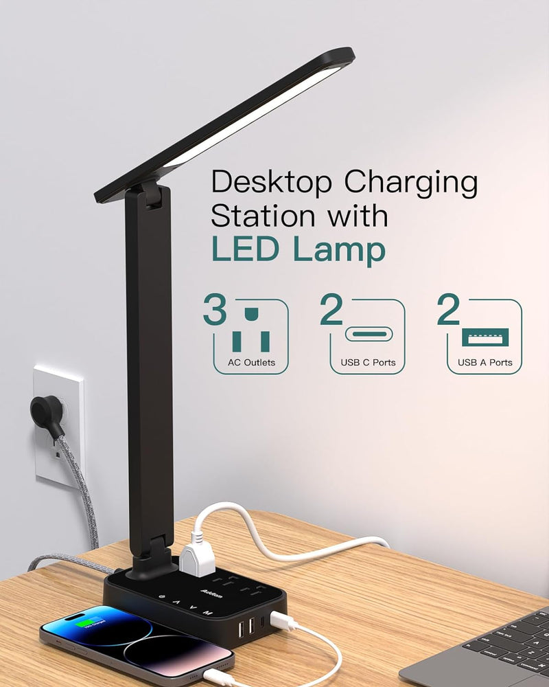 Addtam LED Desk Lamp, Power Strip with 3 Outlets 4 USB Charging Ports(2 USBC), 4 Modes 5 Level Brightness Touch Lamp, Small Desk Lamp for Home Office College Dorm Room Essentials