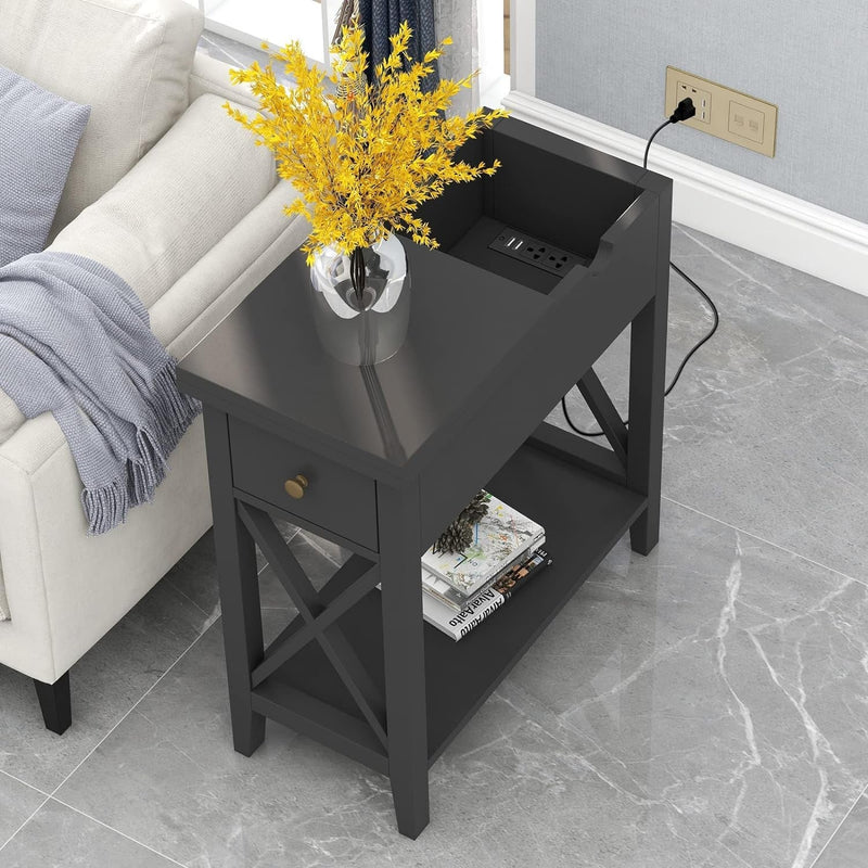 Choochoo End Table with Charging Station, Narrow Side Table with USB Ports and Outlets, Nightstand with Drawer, for Small Spaces, Bedside Tables for Living Room Black