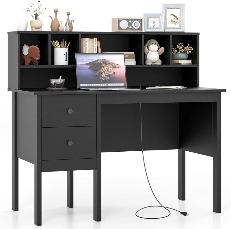 COSTWAY Writing Desk with USB Charging Ports & Power Outlets, 48" Computer Desk with Drawers & 5-Cubby Hutch, Study Table Computer Work Station for Home Office (Black)