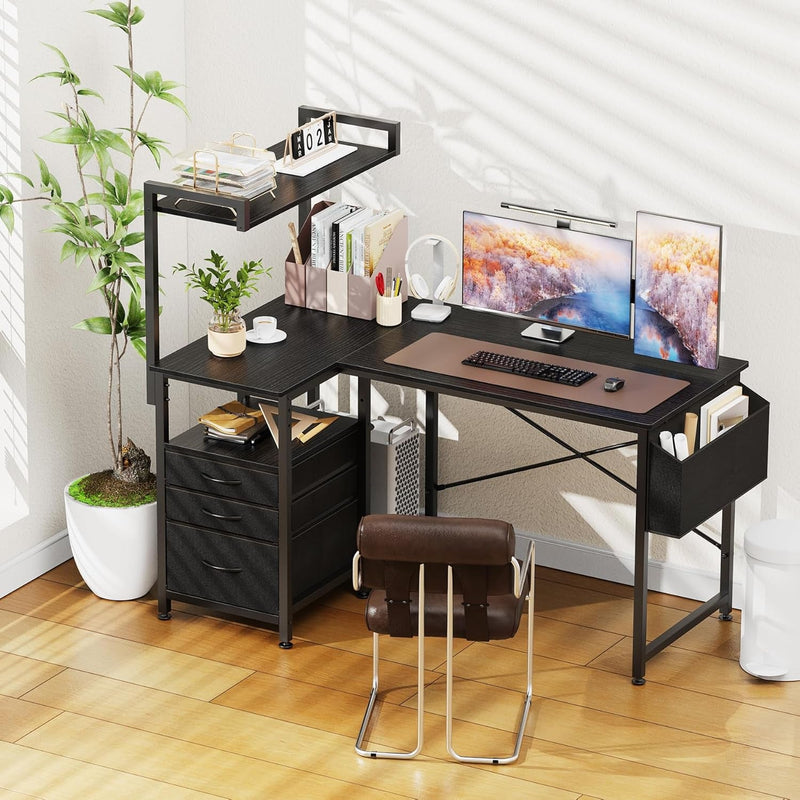 55 Inch L Shaped Desk with 3 Fabric Drawers, Reversible Computer Desk with Top Shelf & Storage Shelf & CPU Stand for Home Office,Corner Gaming Desk Work Study Table for Gaming Writing,Black