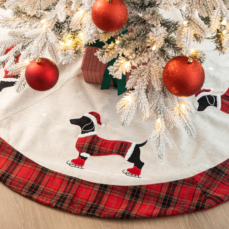 Glitzhome Christmas Tree Skirt 48" Fabric Dachshund Pattern Plaid Edge Large round Tree Skirt for Holiday Xmas Party Decorations