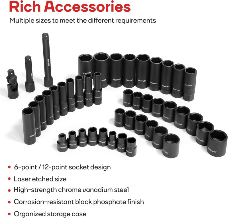 Eastvolt Mechanic Tool Kits, Drive Socket Set, 46 Pieces Socket Set with 72 Teeth Reversible Ratchet, Metric/Sae (ASK06)