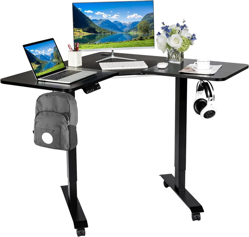 COSTWAY L Shaped Electric Adjustable Desk, L-Shaped Standing Computer Desk W/Splice Tabletop, 2 Hooks & Rolling Casters, Sit-Stand Corner Desk W/ 4 Memory Positions for Home Office (Black)