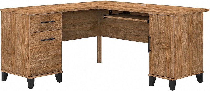 Bush Furniture Somerset L-Shaped Desk with Storage | Study Table with Drawers in Fresh Walnut | Home Office Computer Desk with Cabinets and Pullout Keyboard/Laptop Tray