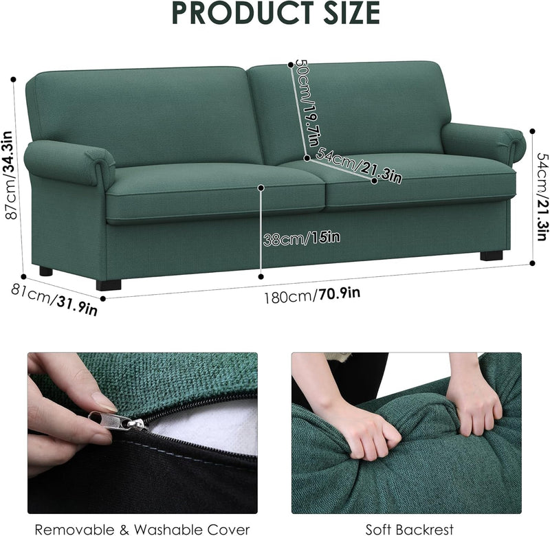 FOTOSOK 71” Sofa, Comfy Sofa Couch with Deep Seats, Loveseat Sofa, Modern Sofa Couches for Living Room, Bedroom, Apartment, Green