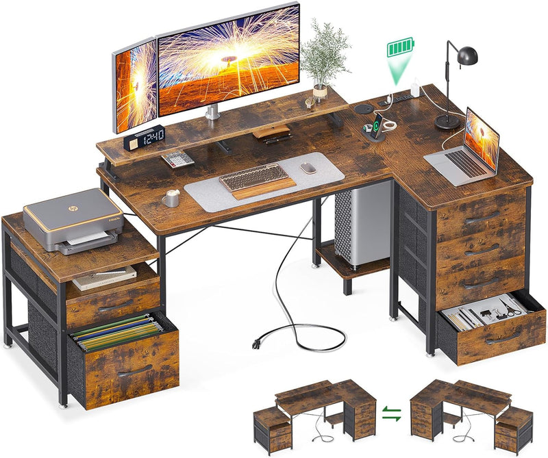 AODK L Shaped Desk with 6 Drawers & Power Outlet, 72 Inch Computer Desk with File Drawer & Printer Storage Shelves, Reversible Desk with Monitor Shelf for Home Office, Rustic Brown