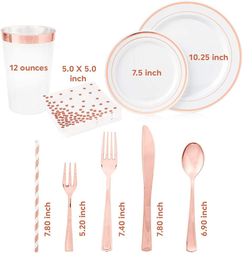 250 Piece Disposable Rose Gold Plastic Dinnerware Set - 50 Rose Gold Plastic Plates - 25 Rose Gold Plastic Silverware - 25 Rosegold Cups and Straws - 50 Fancy Napkins, Wedding or Party of 25