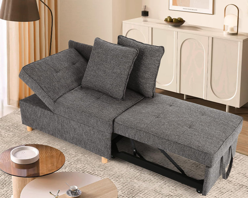 4-In-1 Convertible Sofa Bed, Sleeper Sofa Pull Out Couch Bed, 3-Seater Loveseat Futon Sofa with 5 Adjustable Backrests & 2 Pillows, 71" Linen Fabric Single Recliner for Small Space,Brown Grey