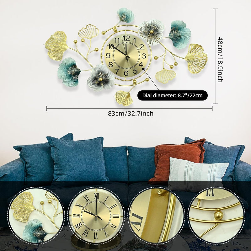 33 Inch Clocks for Living Room, Large Wall Clock, 3D Decorations Metal Ginkgo Leaf Design Silent Movement Wall Clocks for Home Wall Decor Clock