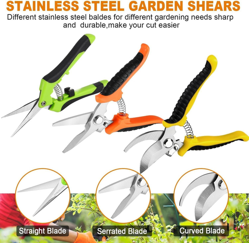 Garden Pruning Shears,3 Pack Stainless Steel Pruning Shears for Gardening,Garden Scissors Set with Storage Bag,Garden Clippers Handheld,Garden Tools