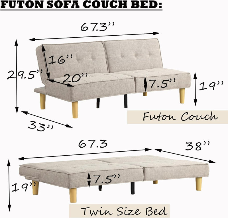 Convertible Futon Sofa Bed, Loveseat Foldable Futon Couch Adjustable Backrest, Small Futon Couch for Living Room, Small Space, Apartment, Beige Fabric 307BG