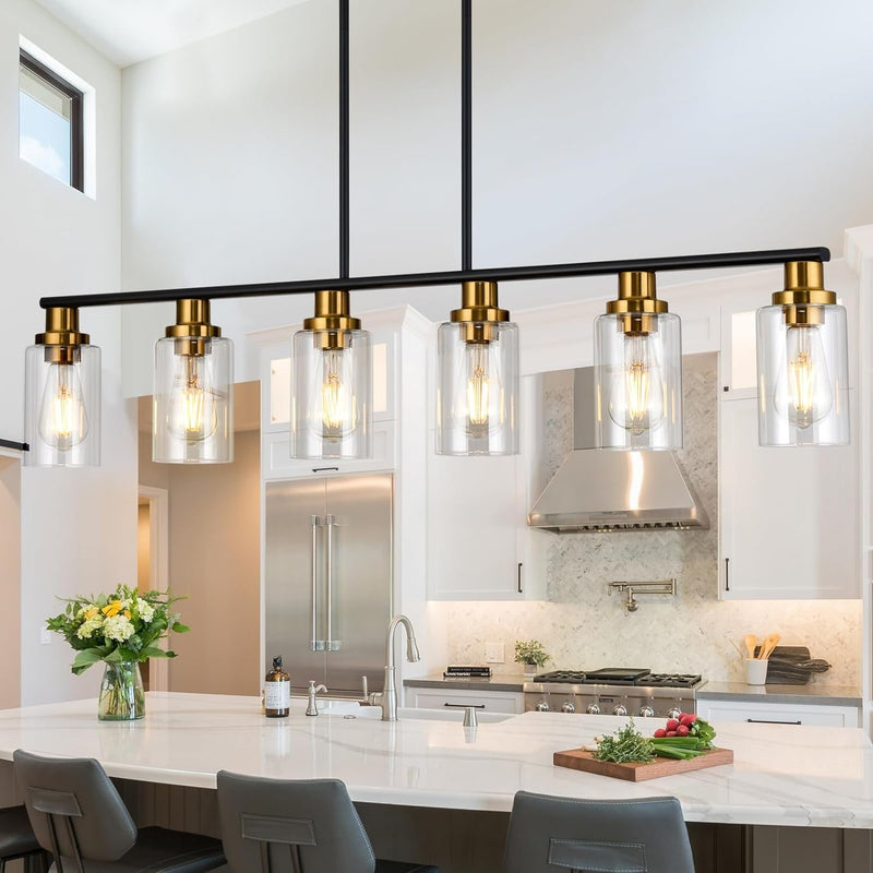 Dining Room Light Fixture,5-Light Farmhouse Linear Chandeliers for Dining Room over Table，Matte Black and Gold Finish Kitchen Island Pendant Lighting for Kitchen Island，Pool Table Light