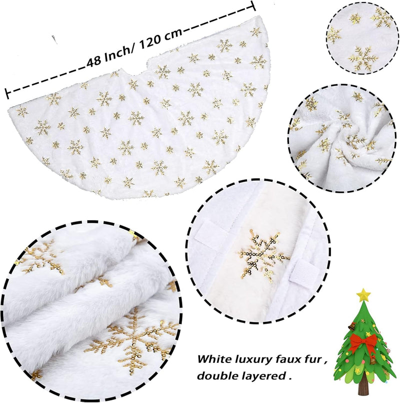 Faux Fur Christmas Tree Skirt,48 Inches Large Luxury Tree Skirt with Gold Snowflake Sequin, Christmas Decorations Holiday Thick Plush Tree Xmas Ornaments（White and Gold,48 Inch）