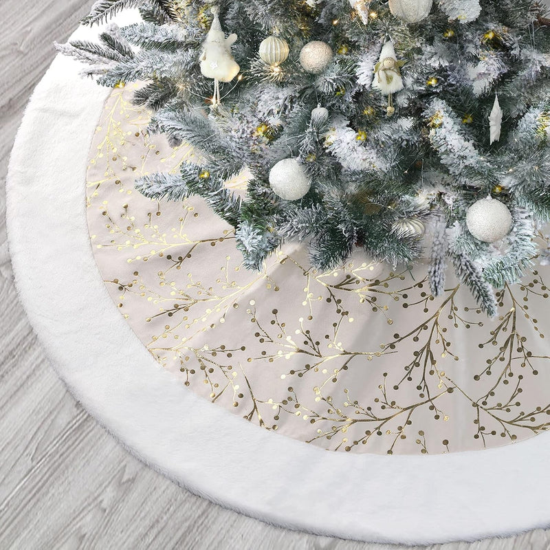 Christmas Tree Skirt, Gold White 48 Inch Faux Fur Plush Christmas Decorations Tree Base Mat Thick Velvet Rugs for Holiday Home Decor Party Xmas