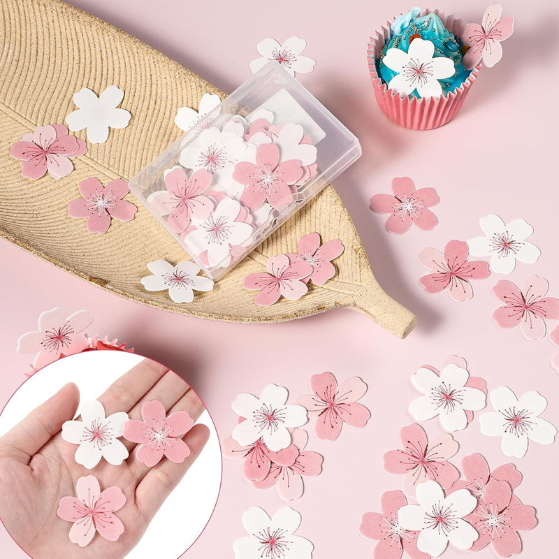 60 Pcs Edible Cherry Blossom Cake Decorations Edible Cherry Blossom Flowers Cupcake Toppers Wafer Paper Flowers Cake Topper Edible Rice Paper Cake Flowers for Birthday Party Food Decorations Supplies