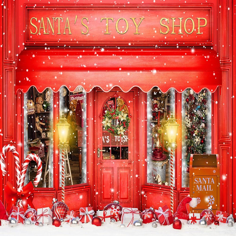 8X6FT Red Christmas Photo Backdrop Santa'S Toy Shop Candy Cane in Snow World Xmas Family Holiday Party Banner Photography Background Supplies Decor Studio Prop