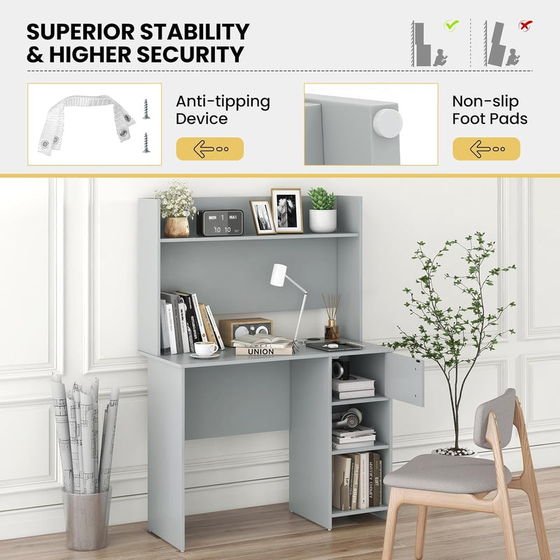 COSTWAY Computer Desk with Hutch, Home Office Desk with Adjustable Shelf, Modern Writing Table, PC Desk with CPU Stand & Door Cabinet, 2 Cable Management Holes, Workstation for Bedroom, Study, Office