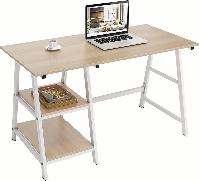 Dlandhome Computer Desk with Storage Shelf, Trestle Desk, Home Office Desk/Workstation/Writing Table with Opening Shelves, Tplus (47 Inches, Oak)