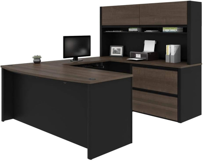 Bestar Connexion U-Shaped Executive Desk with Lateral File Cabinet and Hutch, 72W, Antigua & Black