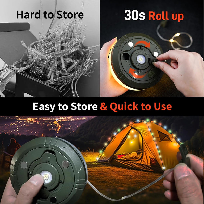 2 in 1 Camping String Lights Set - Outdoor Portable Stowable Camping Lights String & Lanterns, 8 Modes (32.8Ft) Retractable Camping Essentials Waterproof Camp Lights for Tent, Yard, Hiking