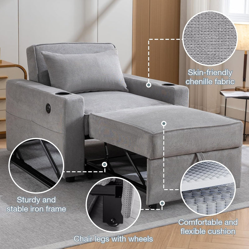 Convertible Sofa Bed, 3-In-1 Pull-Out Sleeper Sofa, Adjust Backrest Futon Couch with Massage Heating Pillow, USB, Side Pocket, Cup Holder, for Living Room/Office/Small Apartment (Dark Grey)