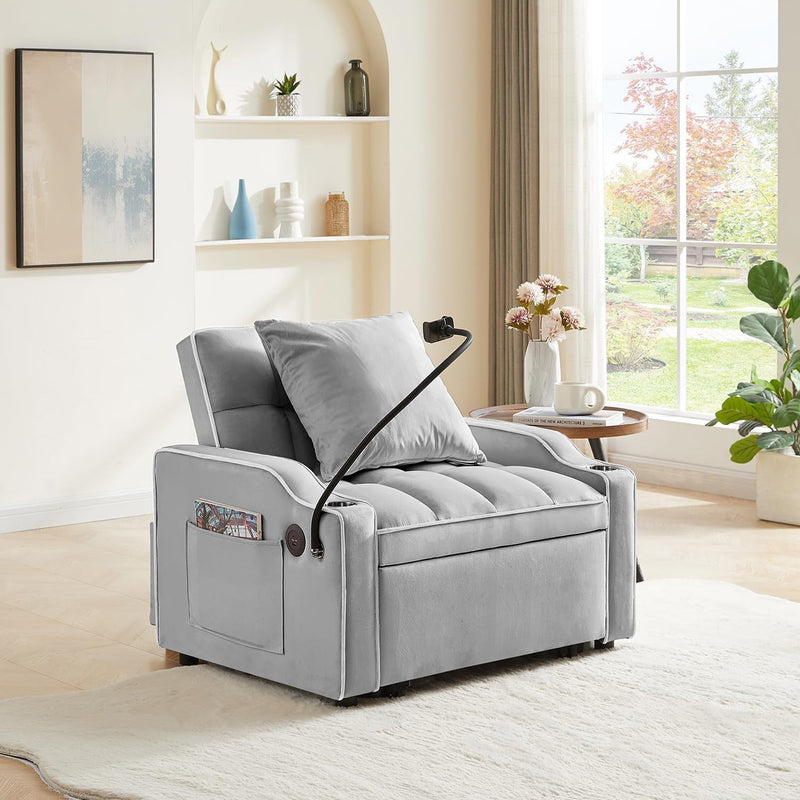 3 in 1 Sleeper Sofa Couch Bed, Velvet Convertible Single Sleeper Sofa with USB Port and Ashtray and Swivel Phone Stand, Storage Pockets, Pull Out Single Sleeper for Living Room, Grey