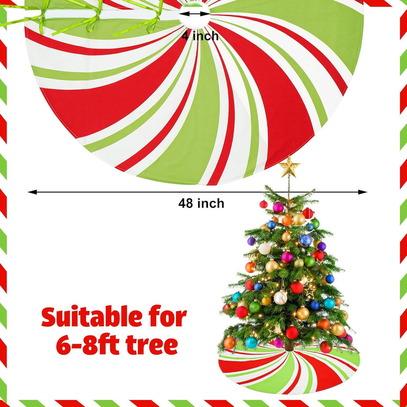 48 Inch Christmas Tree Skirt Peppermint Candy Tree Mat Large Christmas Red White and Green Tree Skirt Candy Swirl Stripe Tree Skirt for Xmas Holiday Home Party Ornament Rustic Farmhouse Decorations