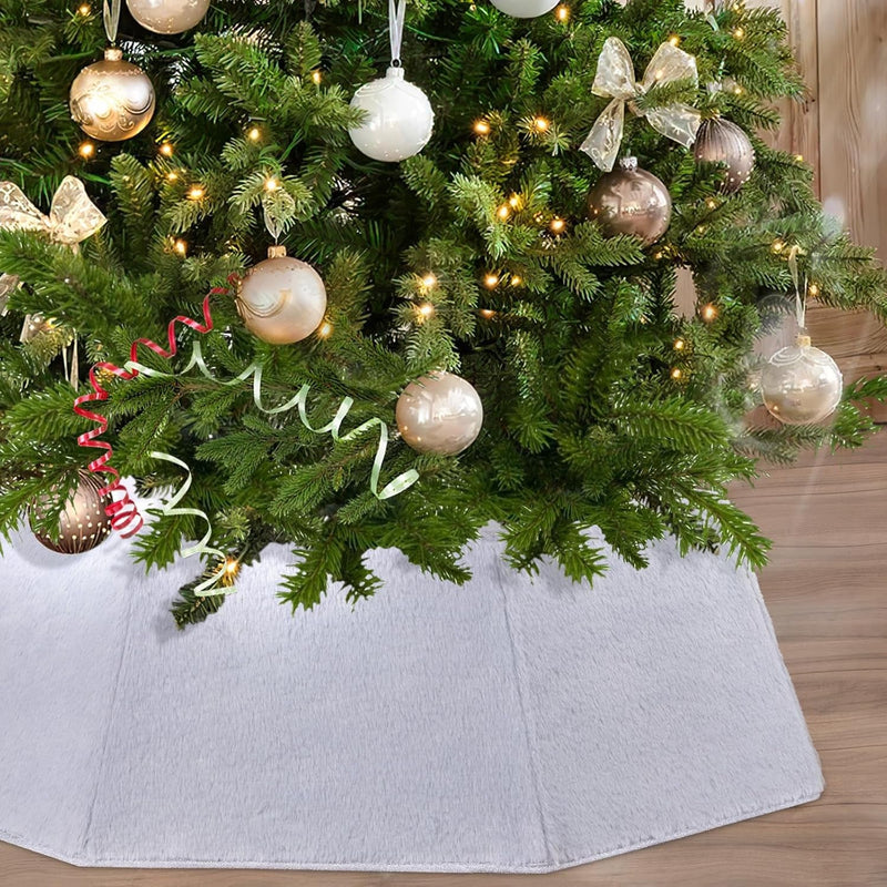 Christmas Tree Collar Faux Fur - Christmas Tree Skirt White Christmas Tree Box Stand Christmas Tree Base Cover Xmas Tree Ring Snowy White Plush Skirt for Xmas Holiday Party Tree Decorations