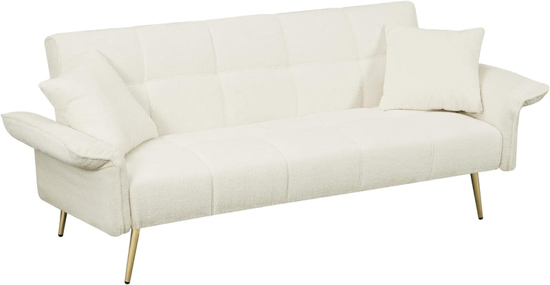 Aoowow Teddy Fabric Sofa Bed with 2 Pillows Convertible Futon Couch Sofa Bed with Adjustable Armrests Modern Loveseat for Living Room,Bedroom (Beige-Teddy Fabric)