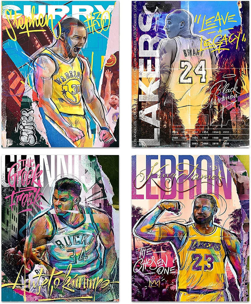 Basketball Stars Wall Art, Graffiti Basketball Art Prints, Stephen Curry Lebron James Giannis Antetokounmpo Canvas Motivational Posters for Boy'S Room Man Cave Home Decor, 4-Set (8"X10" Unframed)
