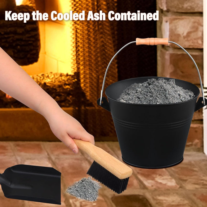 FEED GARDEN 1.5 Gallon Mini Ash Bucket with Lid,Shovel,Broom and Screwdriver,Iron Metal Bucket,Pellet Charcoal Bucket Ash Can for Fireplace Fire Pits,Hearth,Wood Stoves,Indoor Outdoor，Black