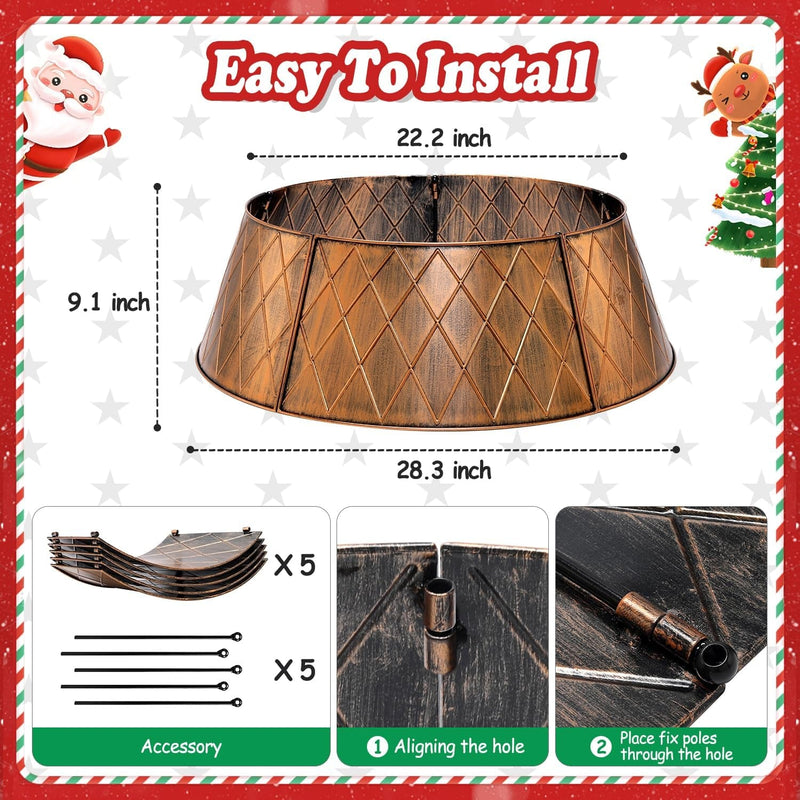 28" Metal Christmas Tree Collar, Christmas Tree Collar Skirt Base Stand for Real or Artificial Trees Christmas Tree Ring Collar Cover for Xmas Holiday - Adjustable (Bronze-Rhombus)