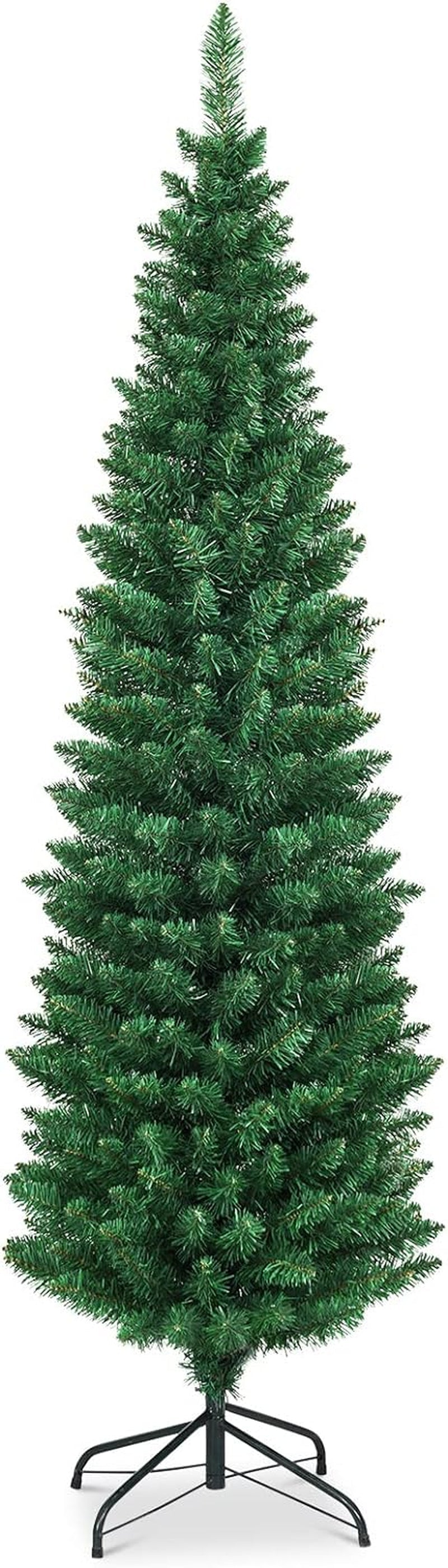 Artificial Pencil Christmas Tree, Premium Hinged Pine Tree with Solid Metal Legs, Perfect for Home, Shops and Holiday Decoration, Green (6FT)