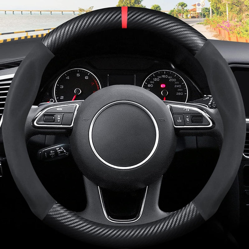 Ergocar round Shape Carbon Fiber & Microfiber PU Leather Steering Wheel Cover Anti-Slip Car Steering Wheel Protector Breathable Sweat Absorbent Sport for Diameter 38Cm（15"）-Black Red