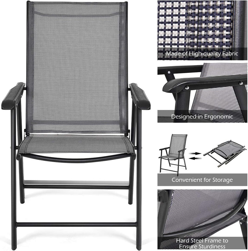 Giantex Set of 4 Patio Chairs, Outdoor Folding Chairs, Portable Dining Chairs for Garden Camping Poolside Beach Deck, Lawn Chairs with Armrest, 4-Pack Sling Chairs, Metal Frame, Grey