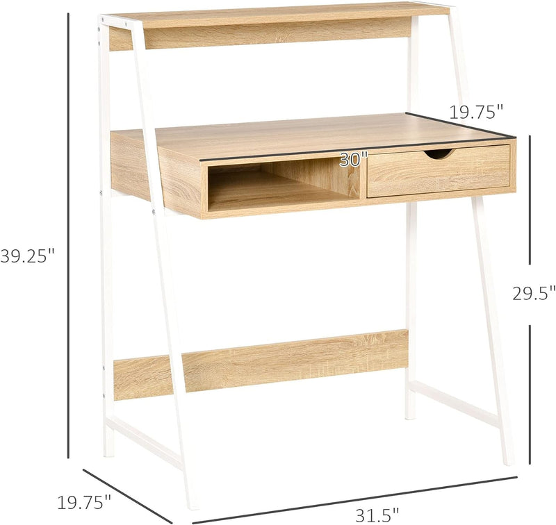 HOMCOM Home Office Desk, Computer Desk for Small Spaces, Writing Table with Drawer and Storage Shelves, Natural