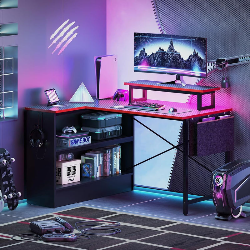 Bestier L Shaped Gaming Desk with Storage Shelves, 42 Inch Reversible Corner Computer Desk with LED Lights, PC Gaming Table with Side Storage Bag & Monitor Stand for Bedroom