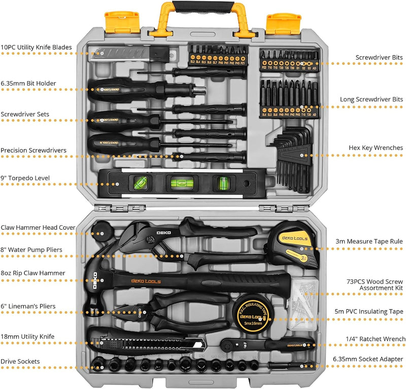 DEKOPRO 150 Piece Tool Set, General Household Hand Tool Kit, Home Repair Tool Kit with Plastic Toolbox Storage Case for DIY Project, Home Maintenance