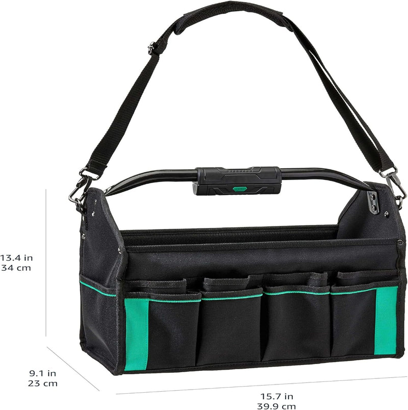 Amazon Basics Lighted Tools Bag with Carry Handle, 30 Pockets, Tool Tote, Black(Previously Denali Brand)