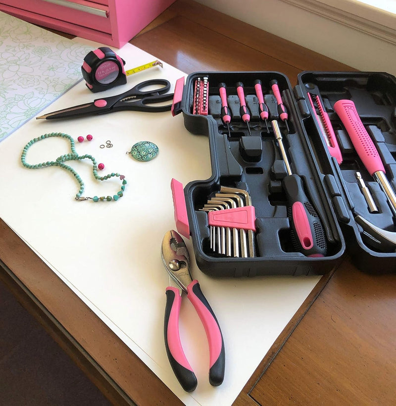 Apollo Tools Original 39 Piece General Household Tool Set in Toolbox Storage Case with Essential Hand Tools for Everyday Home Repairs, DIY and Crafts - Pink Ribbon - Pink - DT9706P