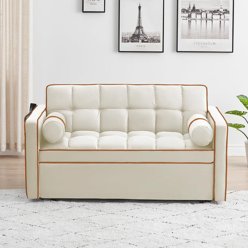 3 in 1 Convertible Velvet Loveseat Futon Couch Bed for Small Spaces - Pull Out Sofa Bed with Phone Holder,Adjustable Backrest, 2 Lumbar Pillows (Beige)