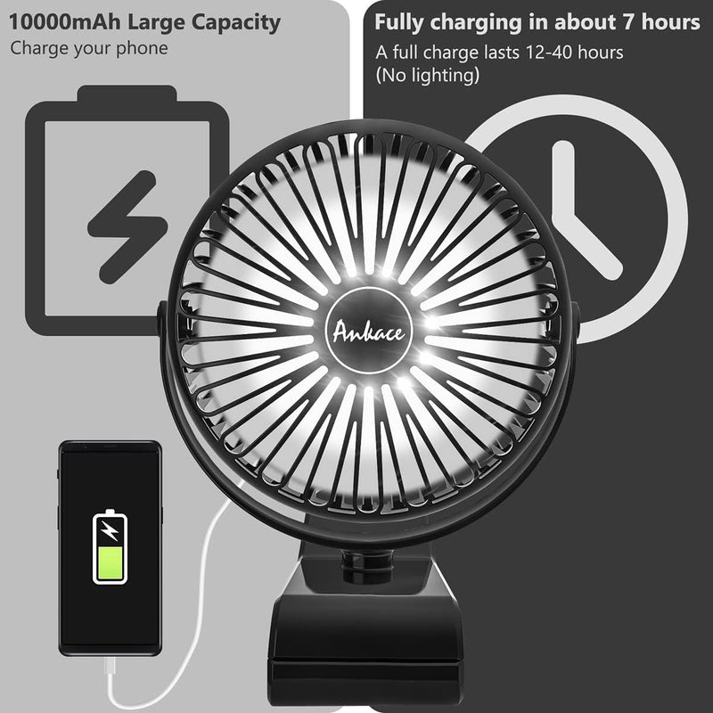 10000Mah Portable Clip on Fan Rechargeable, Battery Operated Desk Fan Clip on Fan with LED Light, 3 Modes 360° Rotation Personal USB Small Fan for Outdoor Camping Golf Cart Indoor Gym Treadmill Office